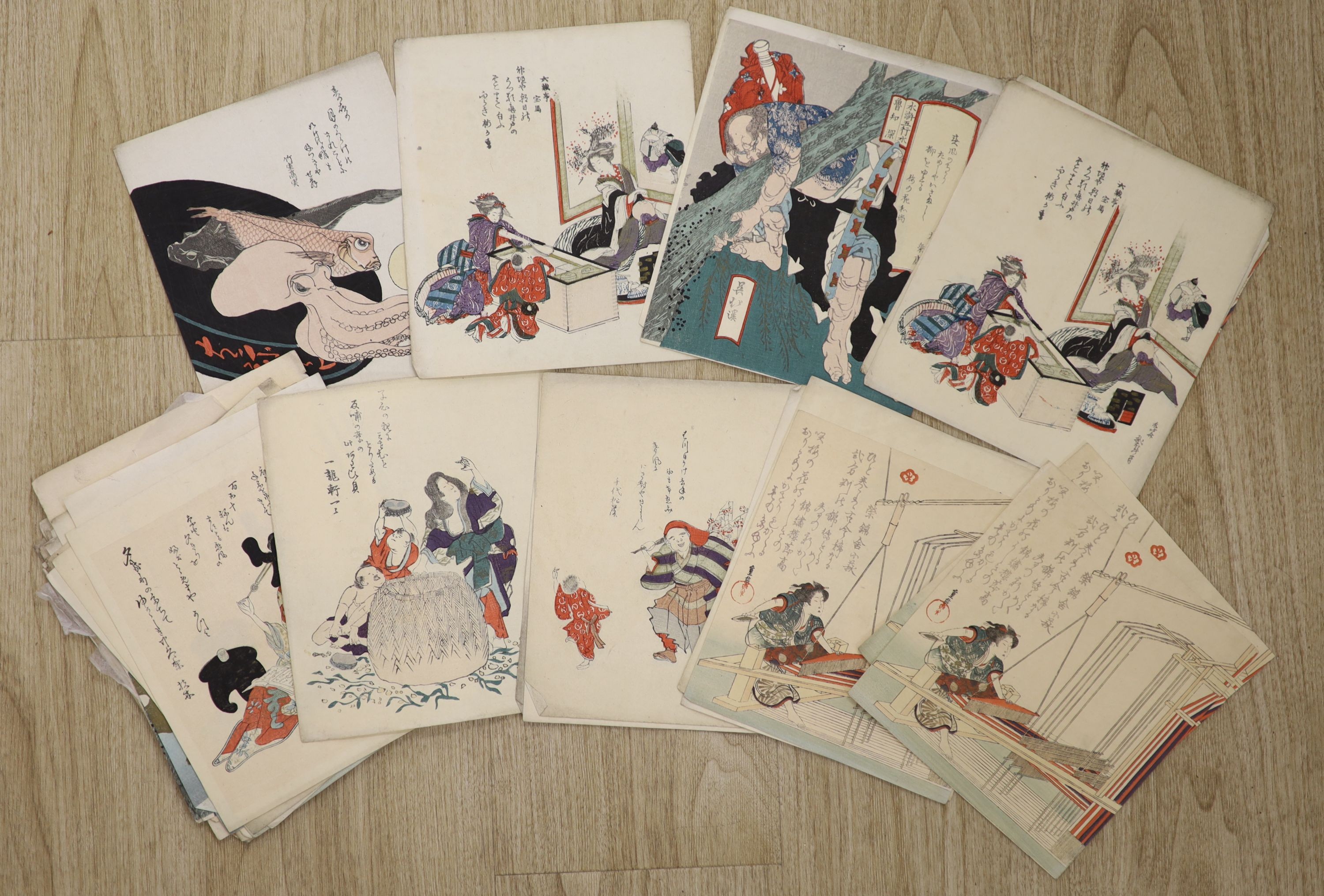 Japanese School, a group of unframed woodblock prints including studies of fish, 22 x 18cm